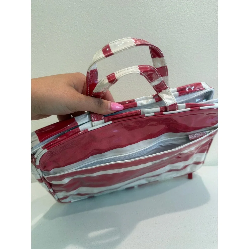 Red White Striped Cosmetic‎ Travel Bag Glossy Patent Organizer Case Zippered
